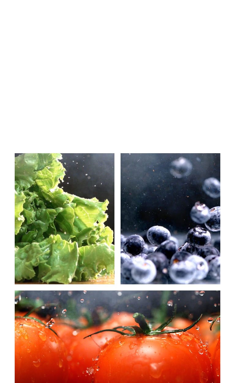 Une vidéo en gros plan de l’eau s’égouttant d’une laitue verte croquante jouxte une vidéo en gros plan de l’eau tombant sur des tomates rouges fraîches, ainsi qu’une vidéo de bleuets humides et brillants en mouvement.