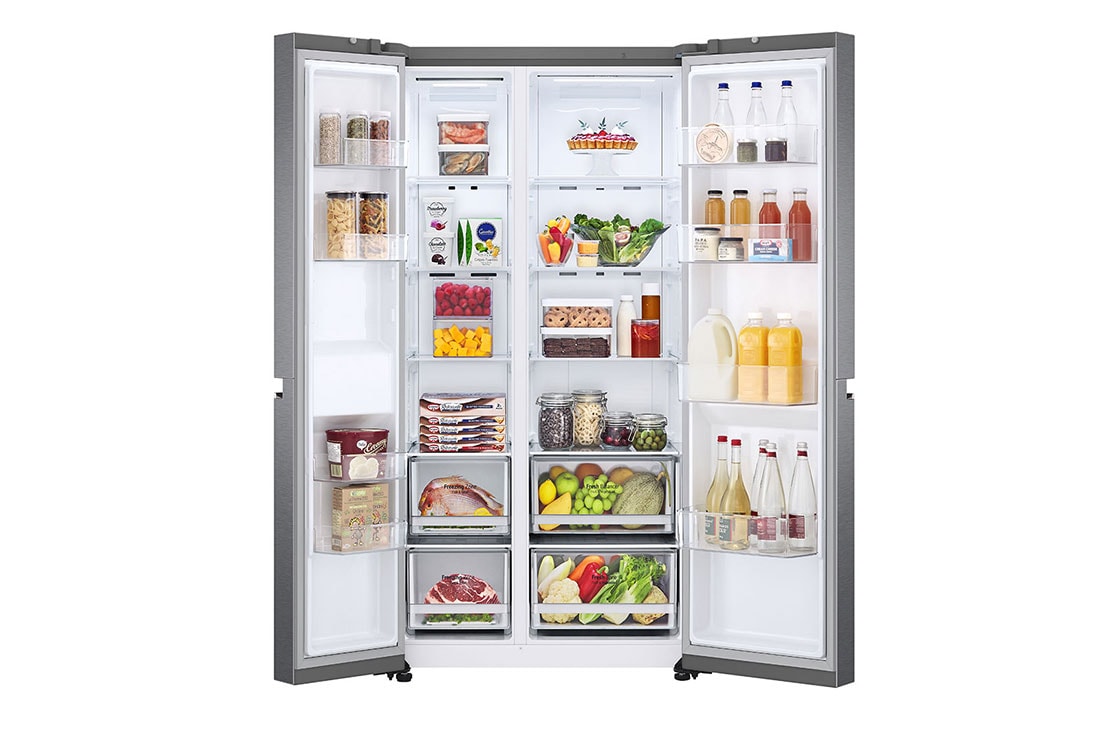 LG Door Cooling+ - La fraîcheur partout | 655L capacité |Total No Frost | Compresseur Smart Inverter, vue de face du réfrigérateur ouvert sur les aliments, GSBV70DSTM, thumbnail 2