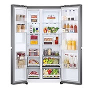 LG Door Cooling+ - La fraîcheur partout | 655L capacité |Total No Frost | Compresseur Smart Inverter, vue de face du réfrigérateur ouvert sur les aliments, GSBV70DSTM, thumbnail 2