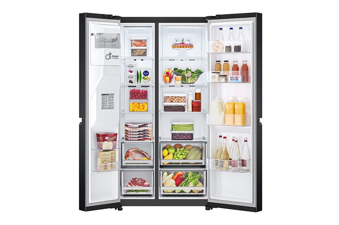 LG 635L capacité | DoorCooling+™ | Distributeur d'eau et de glaçons  | Total No Frost | Compresseur Linéare Inverter, vue de face du réfrigérateur ouvert sur les aliments, GSLV70MCTE, thumbnail 4