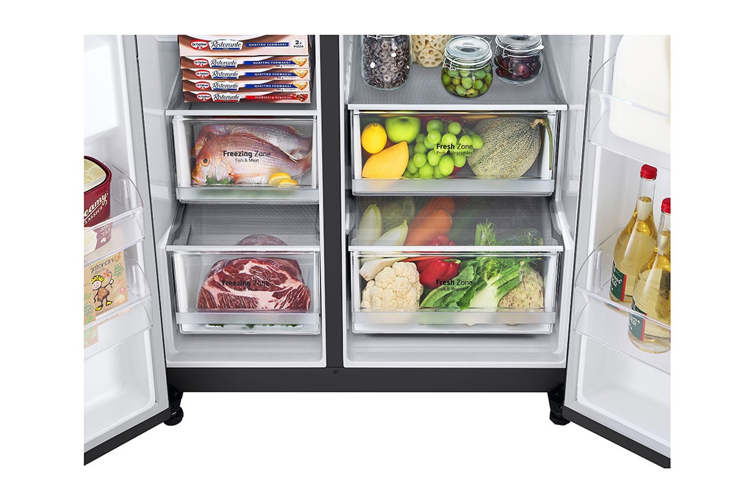 LG 635L capacité | DoorCooling+™ | Distributeur d'eau et de glaçons  | Total No Frost | Compresseur Linéare Inverter, Vue de face, ouvert, GSLV70MCTE, thumbnail 7