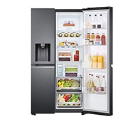 LG 635L capacité | DoorCooling+™ | Distributeur d'eau et de glaçons  | Total No Frost | Compresseur Linéare Inverter, vue de face du réfrigérateur ouvert sur les aliments, GSLV70MCTE, thumbnail 3