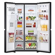 LG 635L capacité | DoorCooling+™ | Distributeur d'eau et de glaçons  | Total No Frost | Compresseur Linéare Inverter, vue de face du réfrigérateur ouvert sur les aliments, GSLV70MCTE, thumbnail 4