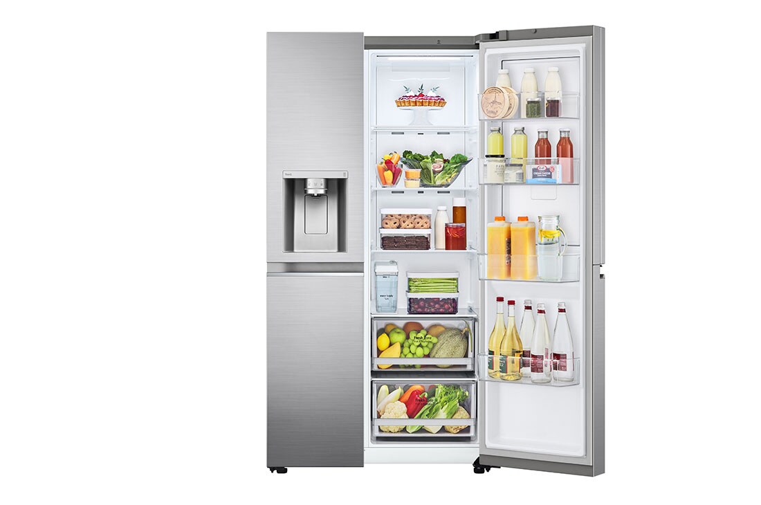 LG Door-in-Door® | 635L capacité |Total No Frost | Compresseur Linéare Inverter, vue de face de droite du réfrigérateur ouvert sur les aliments, GSJV71PZTE, thumbnail 11
