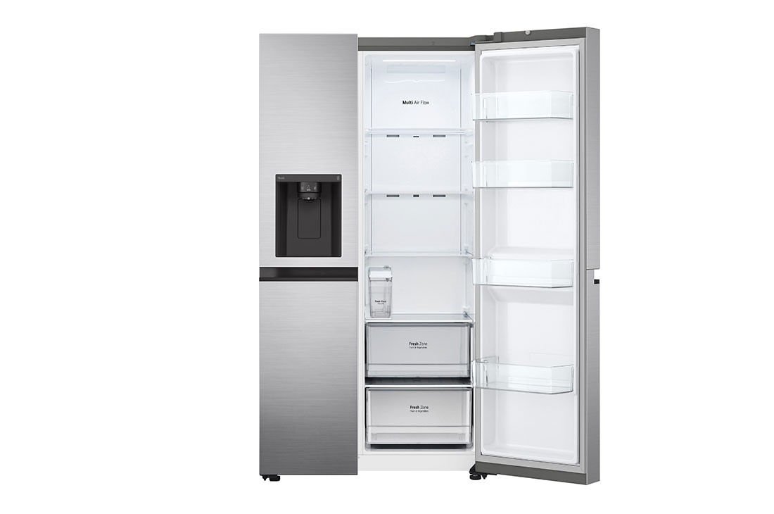 LG LinearCooling | 635L capacité |Total No Frost | Compresseur Linéare Inverter, vue de face du réfrigérateur ouvert sur les aliments, GSLV51PZXE, thumbnail 9