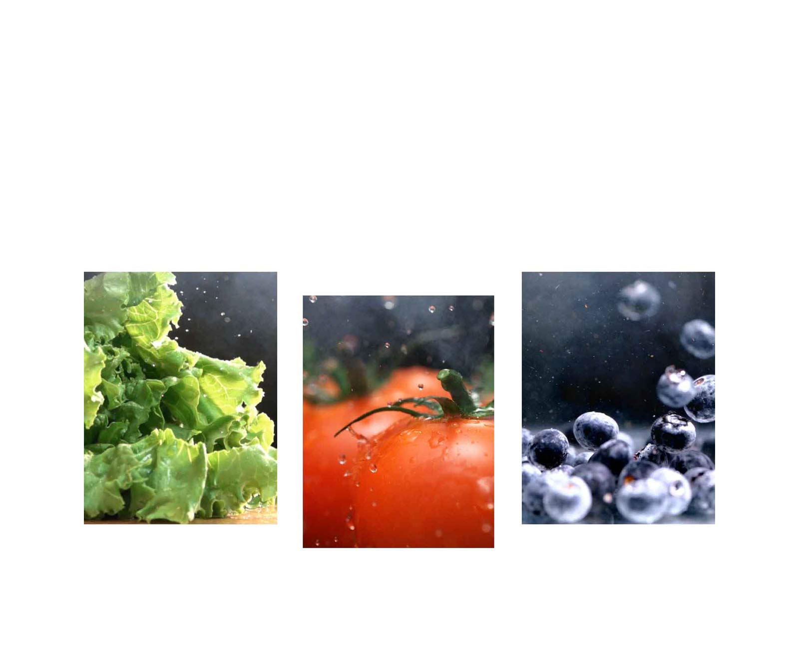 Une vidéo en gros plan de l’eau s’égouttant d’une laitue verte croquante jouxte une vidéo en gros plan de l’eau tombant sur des tomates rouges fraîches, ainsi qu’une vidéo de bleuets humides et brillants en mouvement.