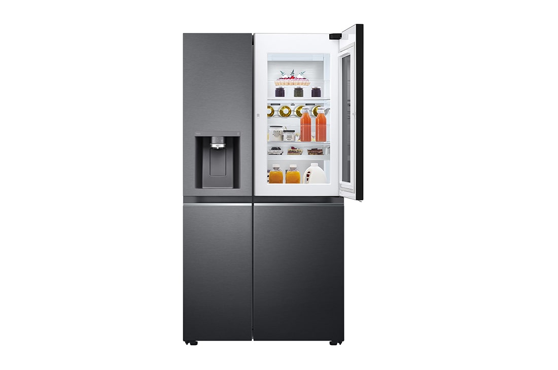 LG 635L capacité | InstaView™ Door-in-Door™ | DoorCooling+™ | Distributeur d'eau et de glaçons avec UVnano™ | Total No Frost | Compresseur Linéare Inverter , vue de face du réfrigérateur ouvert sur les aliments, GSXV90MCAE, thumbnail 2