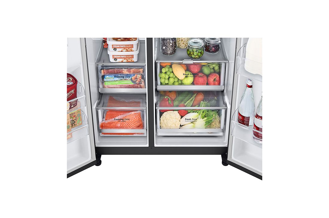 LG 635L capacité | InstaView™ Door-in-Door™ | DoorCooling+™ | Distributeur d'eau et de glaçons avec UVnano™ | Total No Frost | Compresseur Linéare Inverter , Vue de face, ouvert, GSXV90MCAE, thumbnail 10