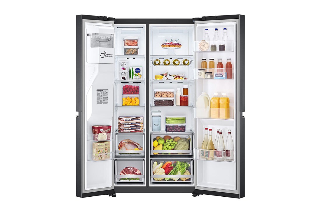 LG 635L capacité | DoorCooling+™ | FRESHBalancer™ | Distributeur d'eau et de glaçons | Total No Frost | Compresseur Linéare Inverter, pohled zepředu, otevřená s jídlem, GSLV71MCLE, thumbnail 2