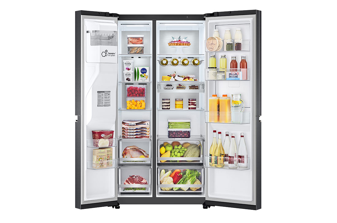 LG 635L capacité | Door-in-Door™ | DoorCooling+™ | Distributeur d'eau et de glaçons avec UVnano™ | Total No Frost |Compresseur Linéare Inverter , vue de face du réfrigérateur ouvert sur les aliments, GSJV90MCAE, thumbnail 3
