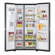 LG 635L capacité | Door-in-Door™ | DoorCooling+™ | Distributeur d'eau et de glaçons avec UVnano™ | Total No Frost |Compresseur Linéare Inverter , vue de face du réfrigérateur ouvert sur les aliments, GSJV90MCAE, thumbnail 3