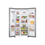 LG 635L capacité | Distributeur d'eau et de glaçons | Total No Frost | Compresseur Smart Inverter , vue de face du réfrigérateur ouvert sur les aliments, GSLV50PZXM, thumbnail 2