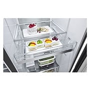 LG 635L capacité | DoorCooling+™ | Moist Balance Crisper | Fresh Balancer™ | Distributeur d'eau et de glaçons avec UVnano™ | Total No Frost | Compresseur Linéare Inverter, Vue de face, ouvert, GSLV91MCAD, thumbnail 10