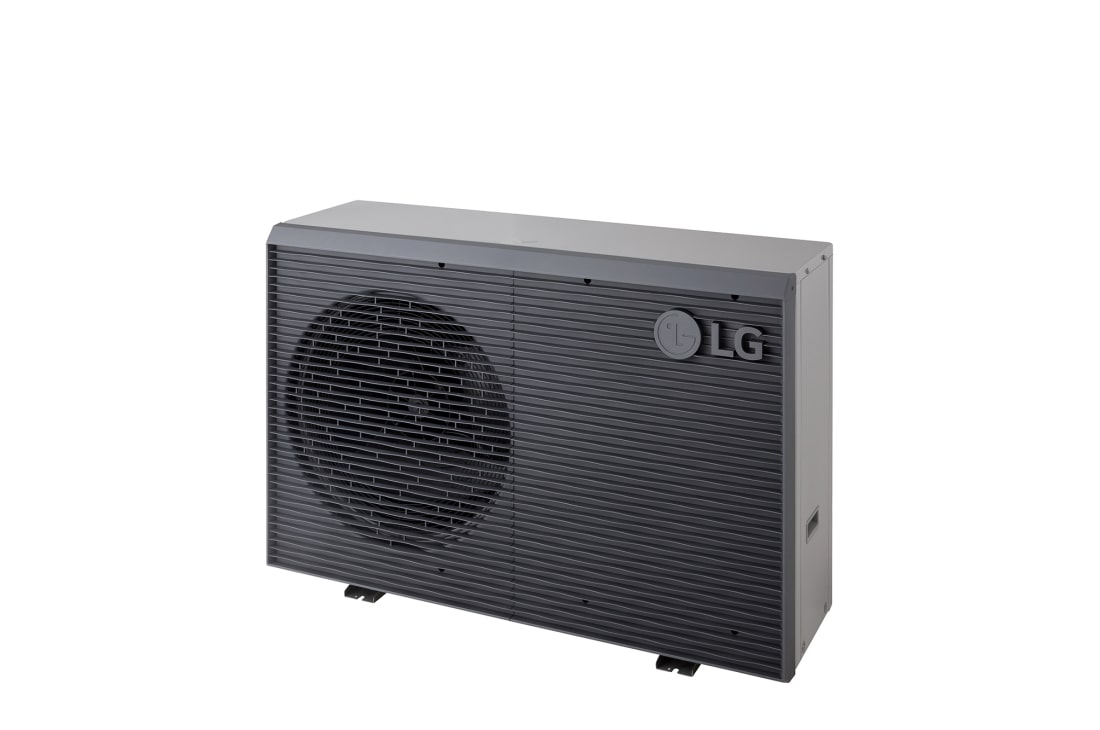 LG R32 Monobloc S II, 1&nbsp;Ø, 5&nbsp;kW, Pompes à chaleur air-eau LG HM051MRS UA40, vue de droite du dessus d’une unité extérieure noire dotée d’une grille ondulée grise., HM051MRS UA40, thumbnail 11