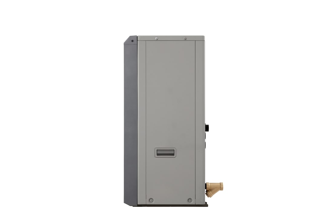 LG R32 Monobloc S II, 1&nbsp;Ø, 7&nbsp;kW, Pompes à chaleur air-eau LG HM071MRS UA40, vue latérale droite d’une unité extérieure noire dotée d’une grille ondulée grise avec entrée., HM071MRS UA40, thumbnail 7