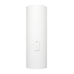 Vue avant du réchauffeur d’eau à pompe à chaleur LG WH15ESF0.HA en blanc essence avec un design à fixation murale.2