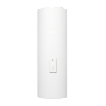 Vue avant du réchauffeur d’eau à pompe à chaleur LG WH15ESF0.HA en blanc essence avec un design à fixation murale.1
