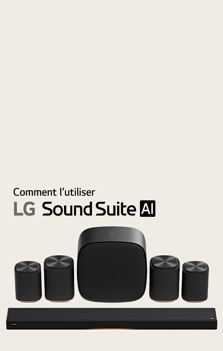 Jeu d’enceintes home cinéma LG Sound Suite équipé d’une barre de son H7, d’une paire d’enceintes M7, d’une autre paire d’enceintes M5 et d’un caisson de basses W7.