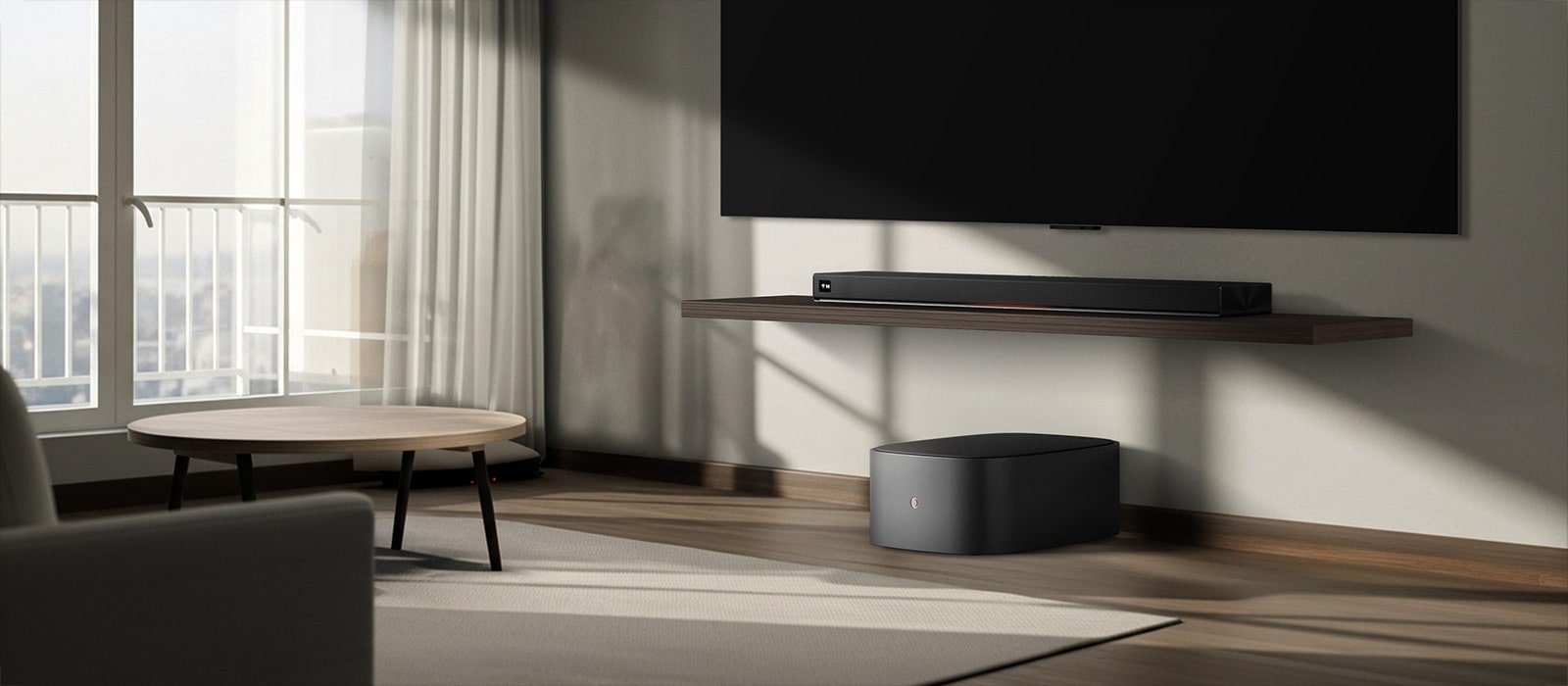 Le caisson de basses LG Sound Suite W7 placé sous une TV avec une barre de son, affichant une expansion sonore sans fil facile pour un système audio stéréo domestique immersif