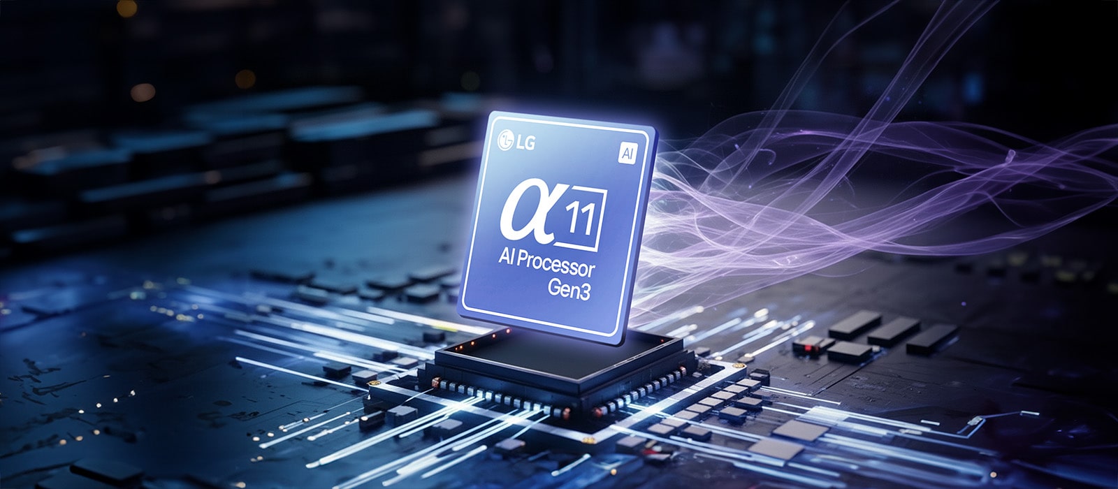 Gros plan du processeur LG Alpha 11 AI Gen3 lumineux, représentant le traitement du son avancé par IA