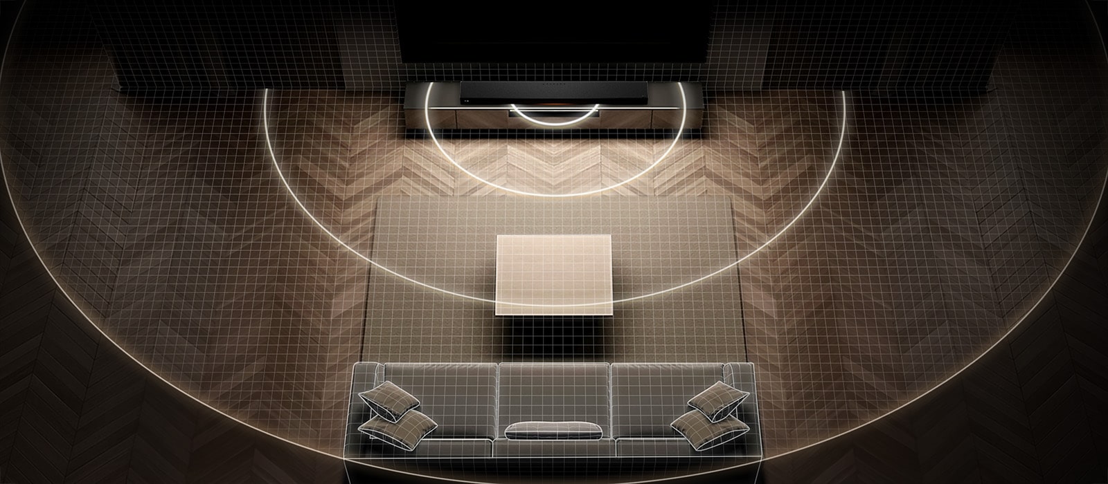 Vue descendante d’un salon avec des ondes sonores circulaires réparties uniformément depuis la barre de son LG Sound Suite H7, illustrant l’étalonnage de la pièce