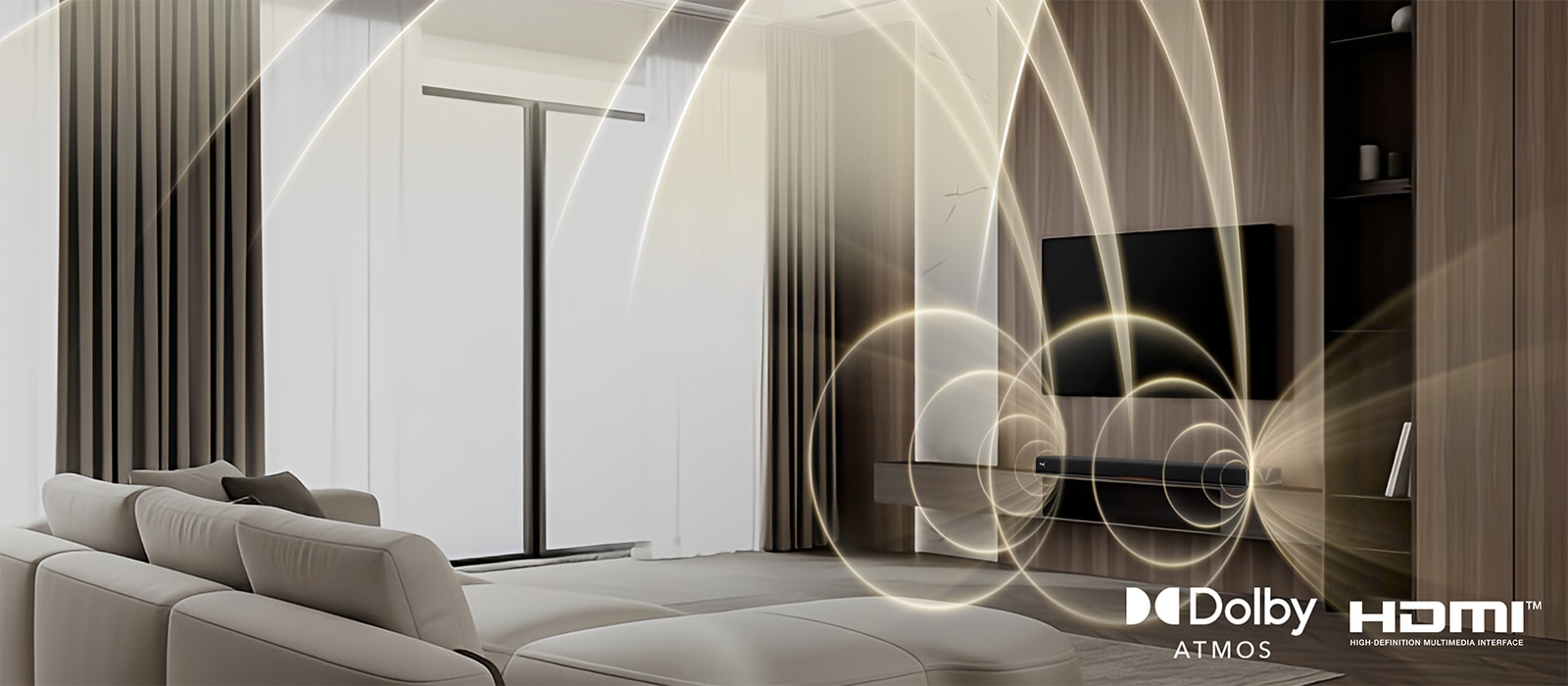 Un salon avec des ondes sonores incurvées provenant d’une barre de son LG Sound Suite avec système de son surround Dolby Atmos FlexConnect pour la TV