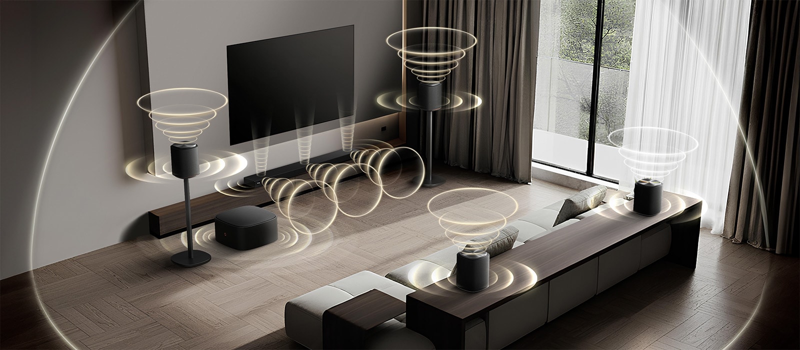 Un salon avec des enceintes LG Sound Suite, une barre de son et un caisson de basses émettant des ondes sonores à impulsions pour créer un système home cinéma Dolby Atmos