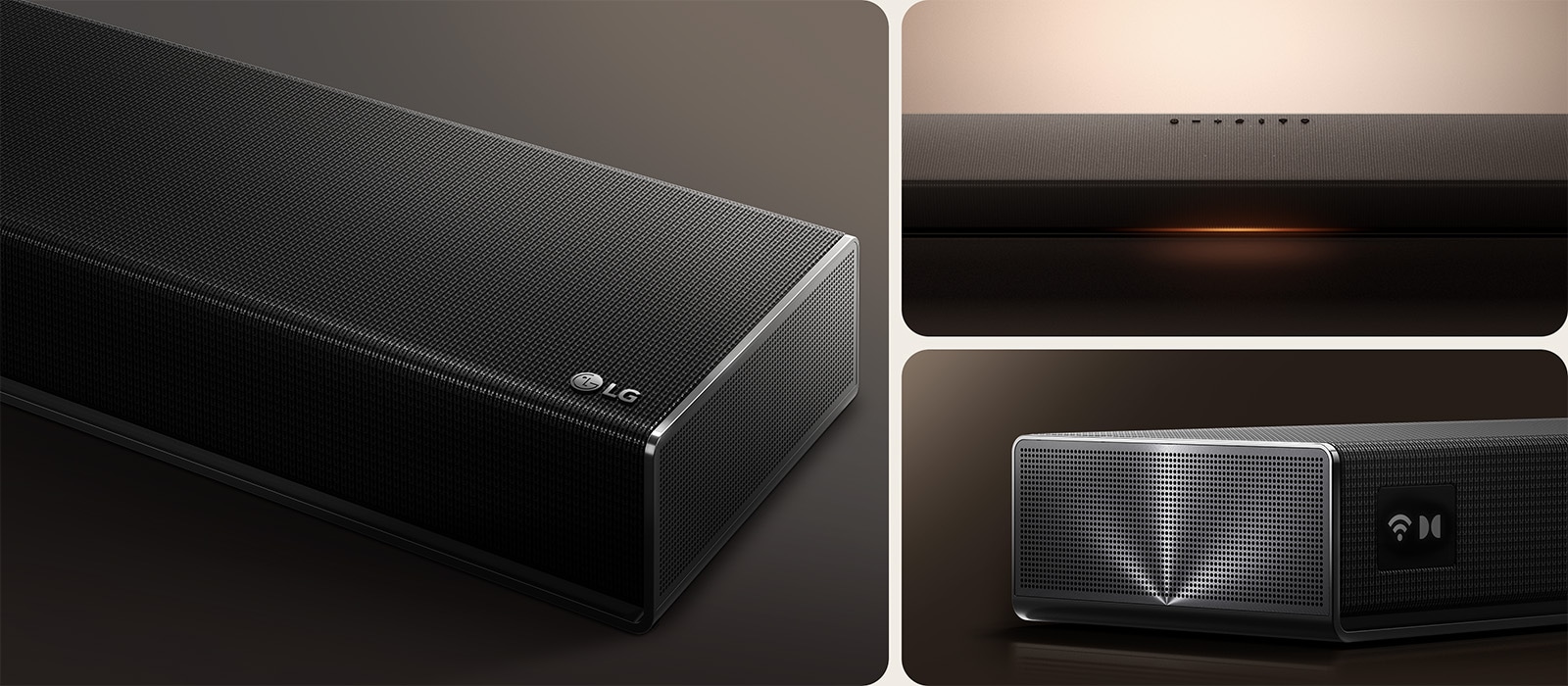 1) Gros plan de la barre de son noire Sound Suite H7 d’en haut, légèrement inclinée, mettant en valeur son design premium avec des détails en aluminium 2) Vue détaillée de la barre de son LG Sound Suite H7 sur une surface noire, avec un éclairage orange subtil brillant en dessous 3) Vue latérale de la barre de son LG Sound Suite H7 avec des détails en aluminium fabriqués avec précision et des détails en tissu noir profond