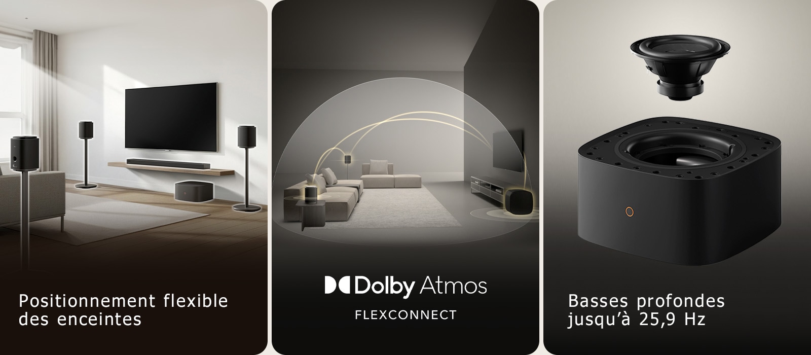 1) LG Sound Suite placée dans un salon, démontrant un placement flexible des enceintes pour un système audio immersif à domicile 2) La LG Sound Suite avec technologie Dolby Atmos FlexConnect détecte l’emplacement de chaque enceinte pour optimiser les systèmes de son surround 3) Gros plan du caisson de basses LG Sound Suite W7 avec son enceintes affichant des performances de basses profondes jusqu’à 29,5&nbsp;Hz