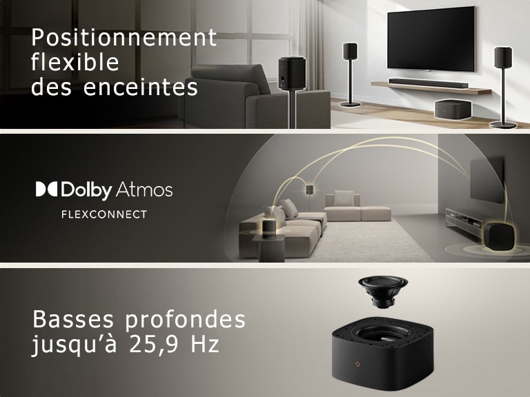 1) LG Sound Suite placée dans un salon, démontrant un placement flexible des enceintes pour un système audio immersif à domicile 2) La LG Sound Suite avec technologie Dolby Atmos FlexConnect détecte l’emplacement de chaque enceinte pour optimiser les systèmes de son surround 3) Gros plan du caisson de basses LG Sound Suite W7 avec son enceintes affichant des performances de basses profondes jusqu’à 29,5&nbsp;Hz