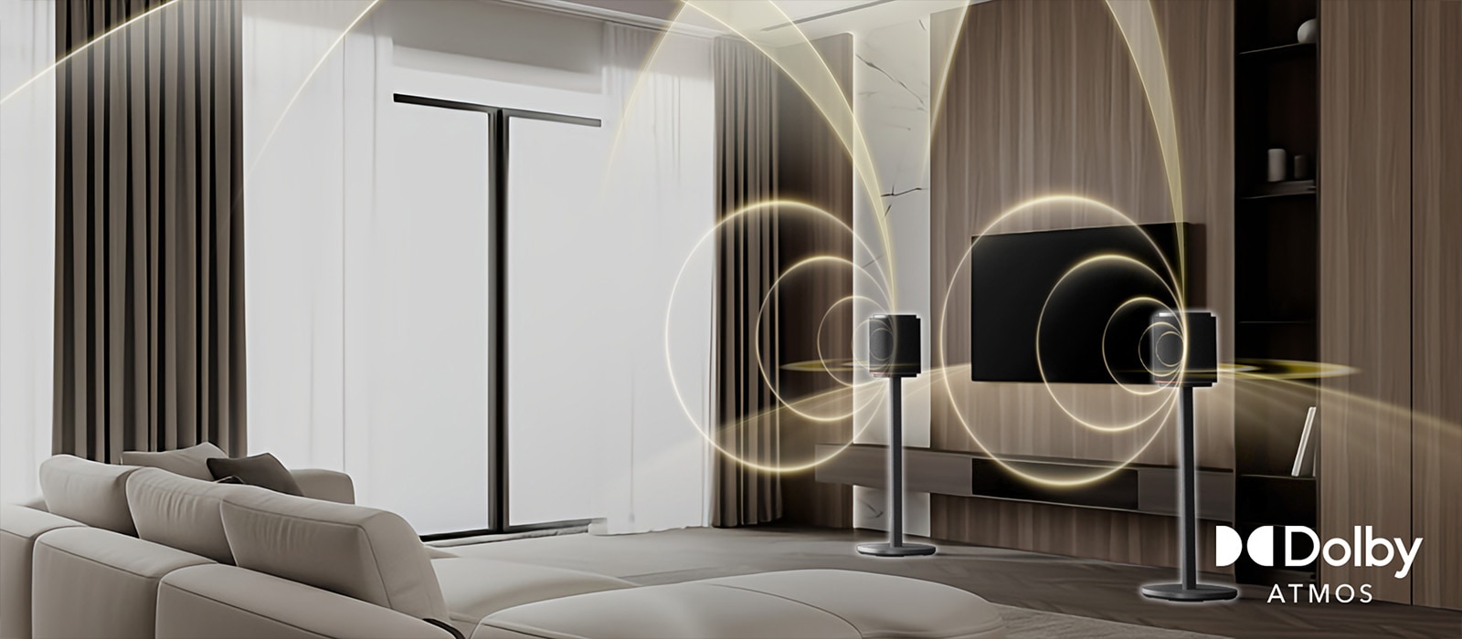 Un salon avec des ondes sonores incurvées provenant d’une barre de son LG Sound Suite avec système de son surround Dolby Atmos FlexConnect pour la TV