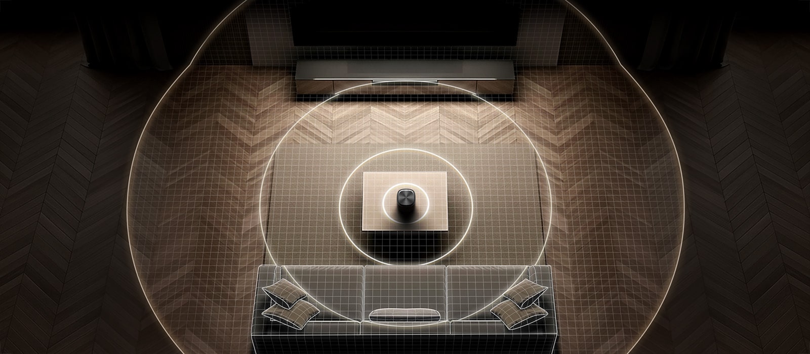 Vue descendante d’un salon avec des ondes sonores circulaires réparties uniformément entre l’enceinte et la barre de son, illustrant l’étalonnage de la pièce