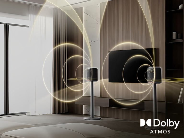 Un salon avec des ondes sonores incurvées provenant d’une barre de son LG Sound Suite avec système de son surround Dolby Atmos FlexConnect pour la TV