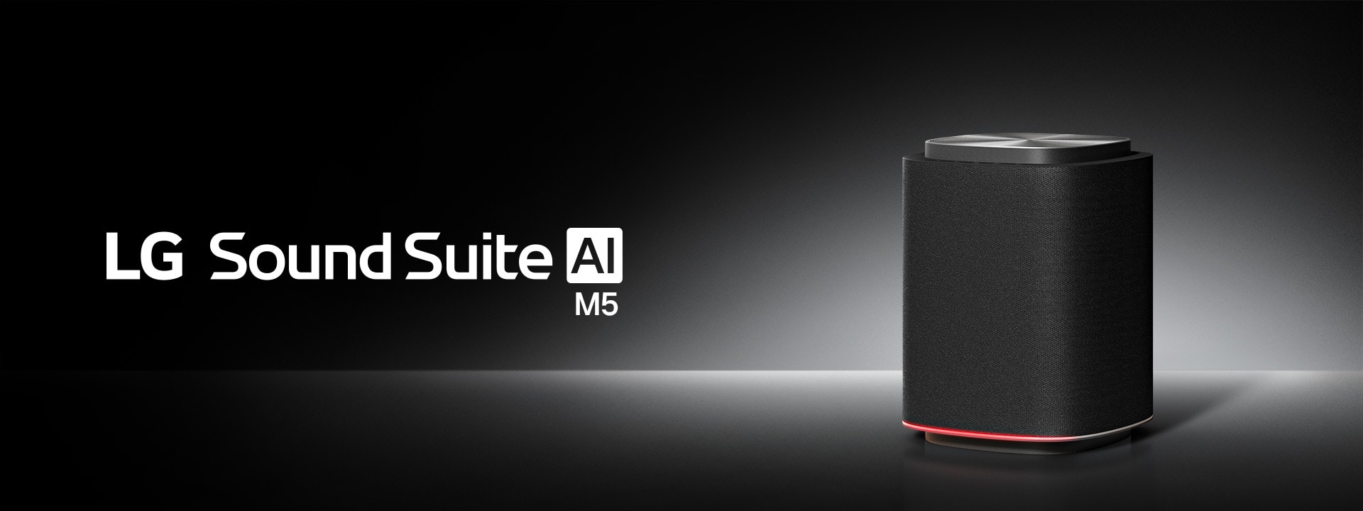 Enceinte sans fil LG Sound Suite M5 au design texturé noir et à la lumière rouge pour des systèmes audio surround immersifs