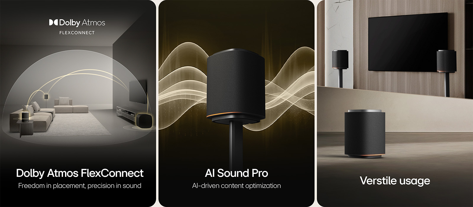 1) La LG Sound Suite avec technologie Dolby Atmos FlexConnect détecte l’emplacement de chaque enceinte pour optimiser les systèmes de son surround 2) Enceinte LG Sound Suite émettant des ondes sonores dorées, illustrant AI Sound Pro pour un système audio domestique optimisé 3) Enceintes LG Sound Suite disposées avec une TV, mettant en valeur une utilisation polyvalente pour les systèmes audio domestiques