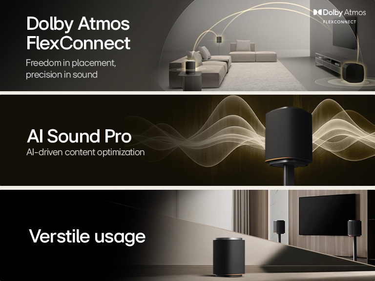 1) La LG Sound Suite avec technologie Dolby Atmos FlexConnect détecte l’emplacement de chaque enceinte pour optimiser les systèmes de son surround 2) Enceinte LG Sound Suite émettant des ondes sonores dorées, illustrant AI Sound Pro pour un système audio domestique optimisé 3) Enceintes LG Sound Suite disposées avec une TV, mettant en valeur une utilisation polyvalente pour les systèmes audio domestiques