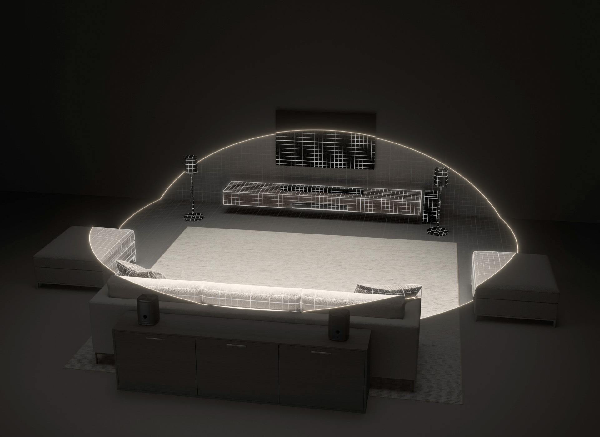 Vue descendante d’un salon avec des ondes sonores circulaires réparties uniformément depuis la barre de son LG Sound Suite H7, illustrant l’étalonnage de la pièce