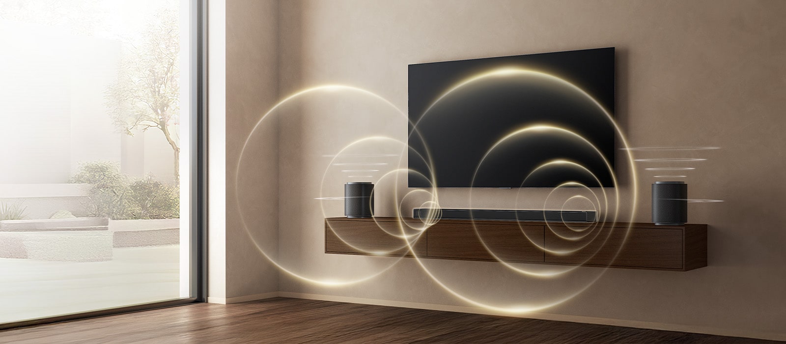 'Deux enceintes et une barre de son LG Sound Suite installées avec une TV, offrant un système de son surround riche pour la TV avec Dolby Atmos complet