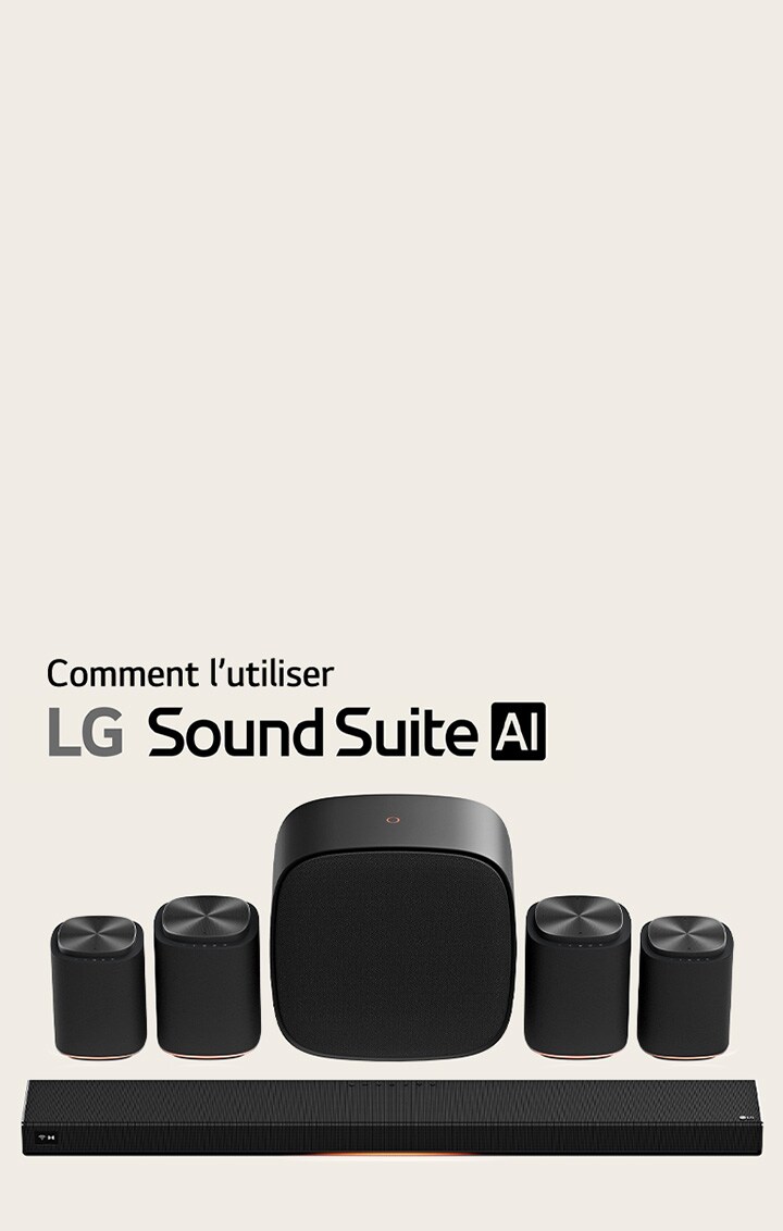 Jeu d’enceintes home cinéma LG Sound Suite équipé d’une barre de son H7, d’une paire d’enceintes M7, d’une autre paire d’enceintes M5 et d’un caisson de basses W7.	