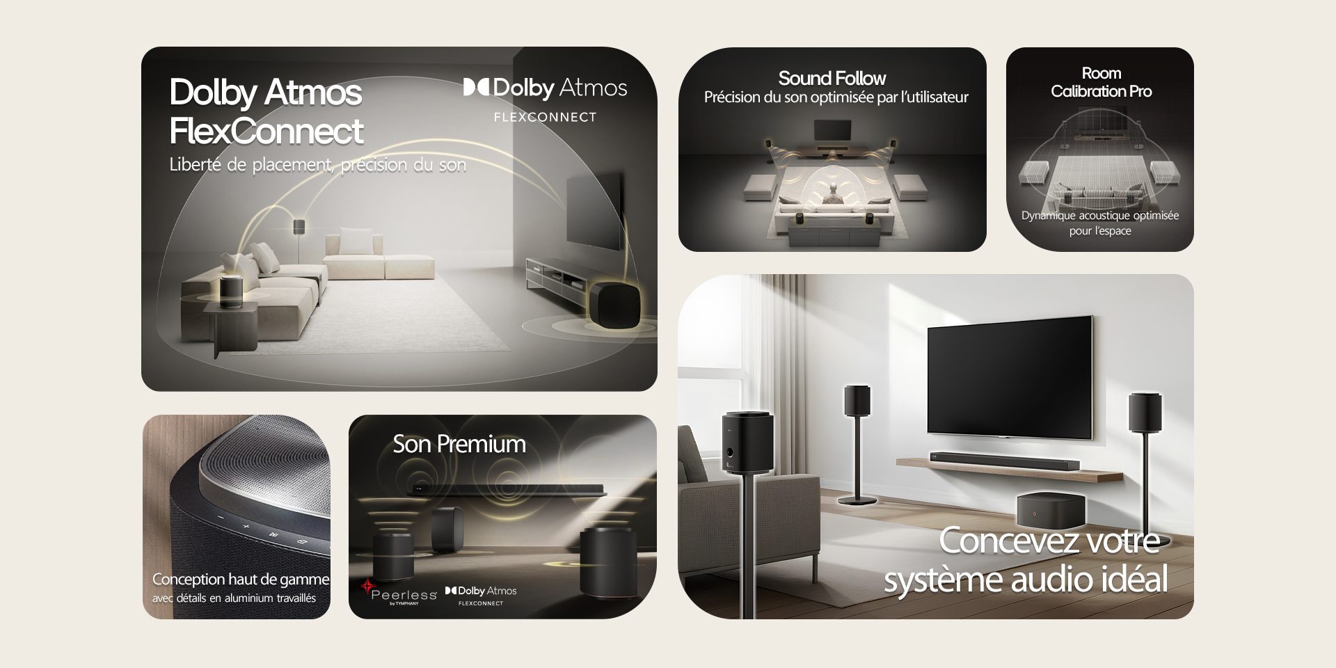 1) La LG Sound Suite dotée de la technologie Dolby Atmos FlexConnect détecte l’emplacement de chaque enceinte pour un son surround optimisé. 2) Vue du dessus d’un système audio surround avec la technologie Sound Follow pour un son optimal où que vous alliez. 3) L’étalonnage de la pièce de la LG Sound Suite analyse l’espace et les positions des enceintes pour offrir le meilleur système audio surround 4) Gros plan de l’enceinte LG Sound Suite au design premium argent métallisé et noir. 5) LG Sound Suite avec son spatial Dolby Atmos 3D et unités Peerless pour un son premium. 6) Un salon moderne avec une TV à fixation murale et système audio surround LG Sound Suite avec adaptation audio spatiale basée sur l’IA.