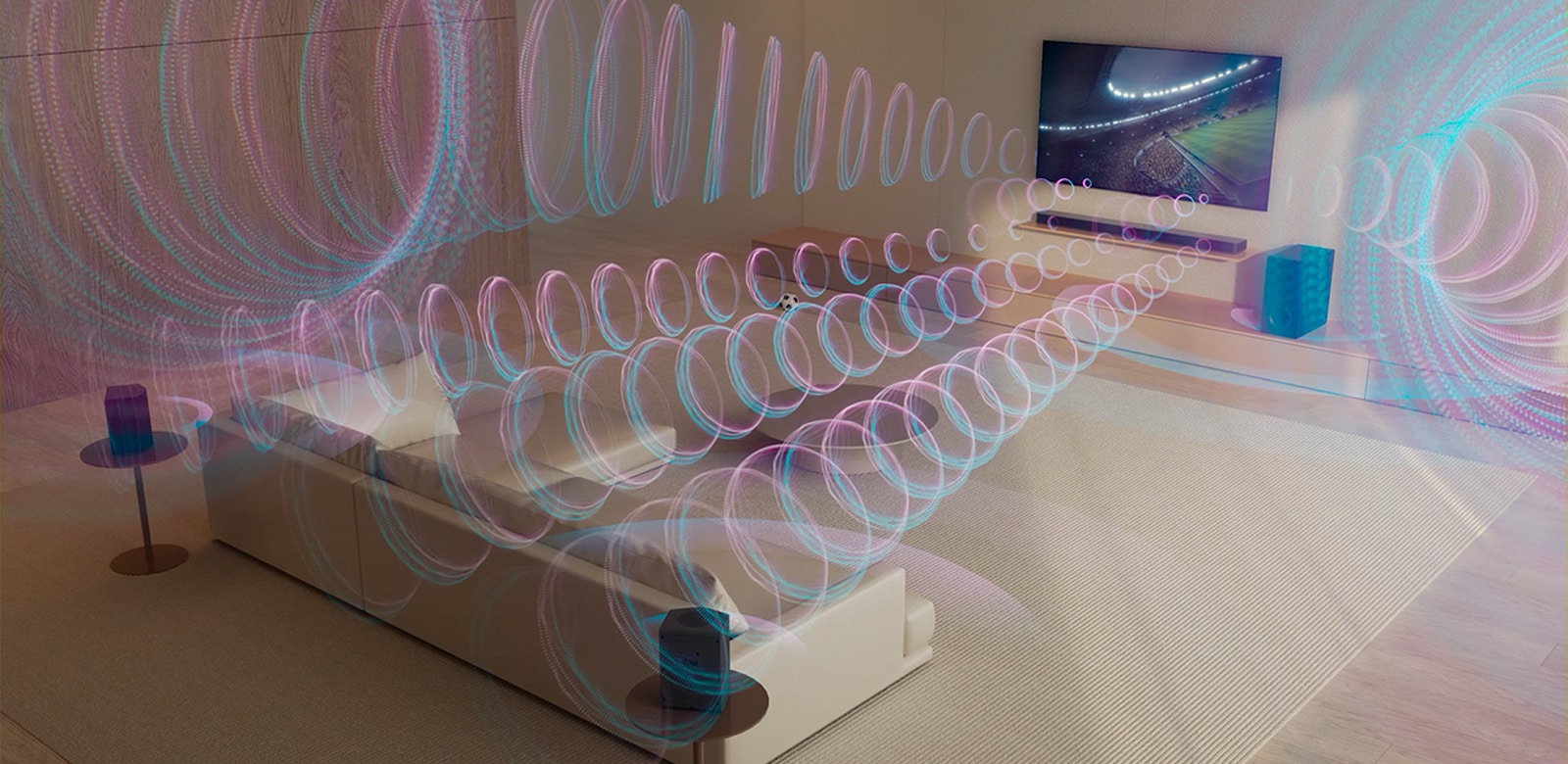 Des ondes sonores virtuelles sortent simultanément de la LG TV, de la LG Soundbar, de ses enceintes arrière et de son caisson de basses, et remplissent l’espace.