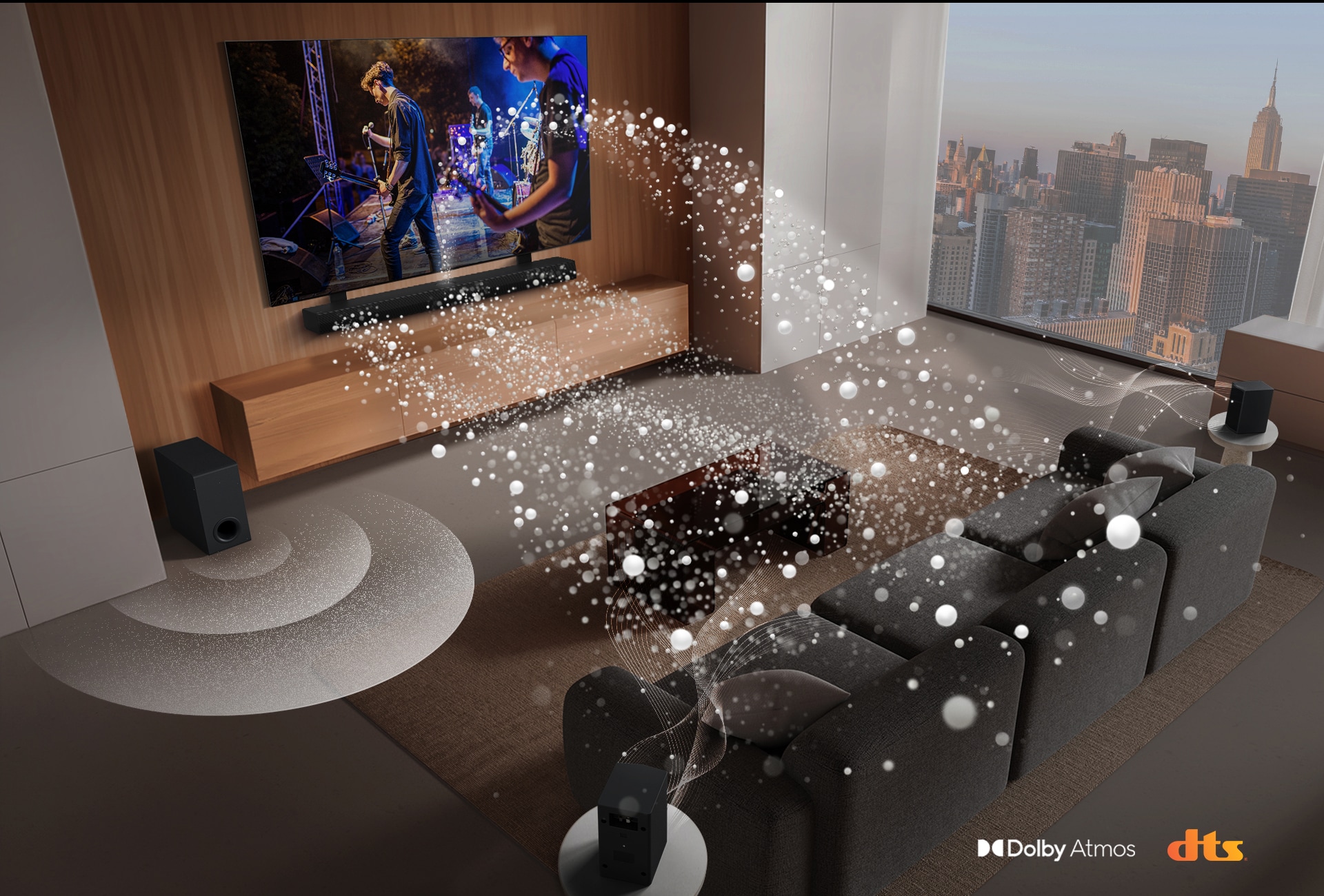 La LG Soundbar, la LG TV, les enceintes arrières et le caisson de basse dans le salon d’un gratte-ciel, diffusant un concert. Des ondes sonores blanches jaillissent de la Soundbar, formant une boucle autour du canapé. Un caisson de basse crée un effet sonore depuis la base. Logo Dolby Atmos Logo DTS X