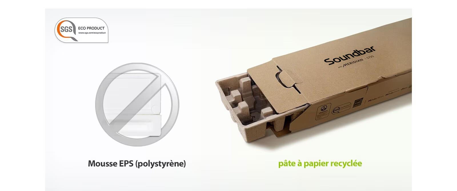 Logo de PRODUIT ÉCOLOGIQUE SGS au coin supérieur gauche. Marque d’interdiction grise sur une image de polystyrène à gauche et image de carton d’emballage à droite.