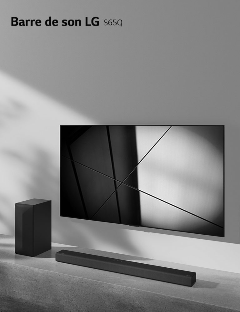La barre de son S90QY de LG et le téléviseur LG sont placés ensemble dans le salon. Le téléviseur est allumé et projette une image en noir et blanc.