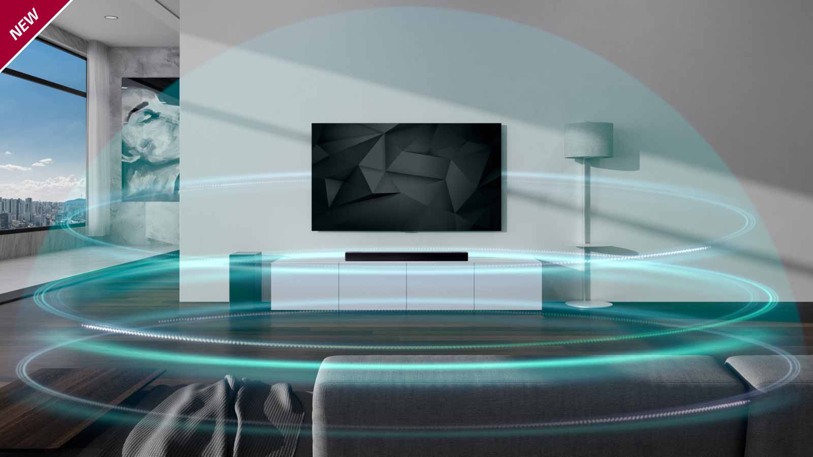 Trois couches d’ondes sonores bleues formant un dôme recouvrent la barre de son et la télévision dans le salon. La marque NEW est affichée dans le coin supérieur gauche.