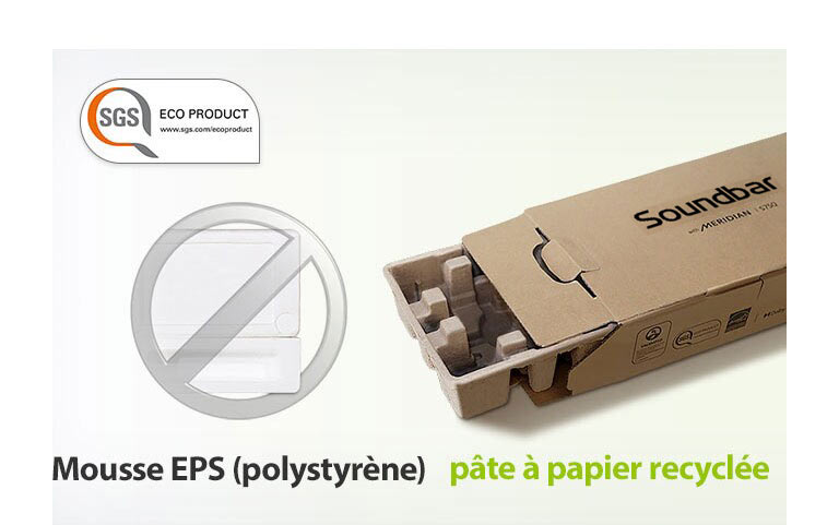 Logo de PRODUIT ÉCOLOGIQUE SGS au coin supérieur gauche. Marque d’interdiction grise sur une image de polystyrène à gauche et image de carton d’emballage à droite.