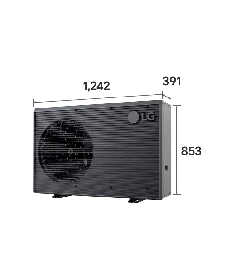 L’extérieur du LG Monobloc LG R32 Monobloc S II (HM051MRS UA40) avec les dimensions étiquetées. Il mesure 1&nbsp;242&nbsp;mm × 391&nbsp;mm × 853&nbsp;mm.