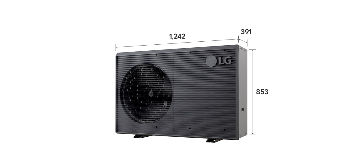 The exterior of the LG R32 Monobloc S II (HM071MRS UA40) with dimensions labeled. It measures 1,242mm × 391mm × 853mm.