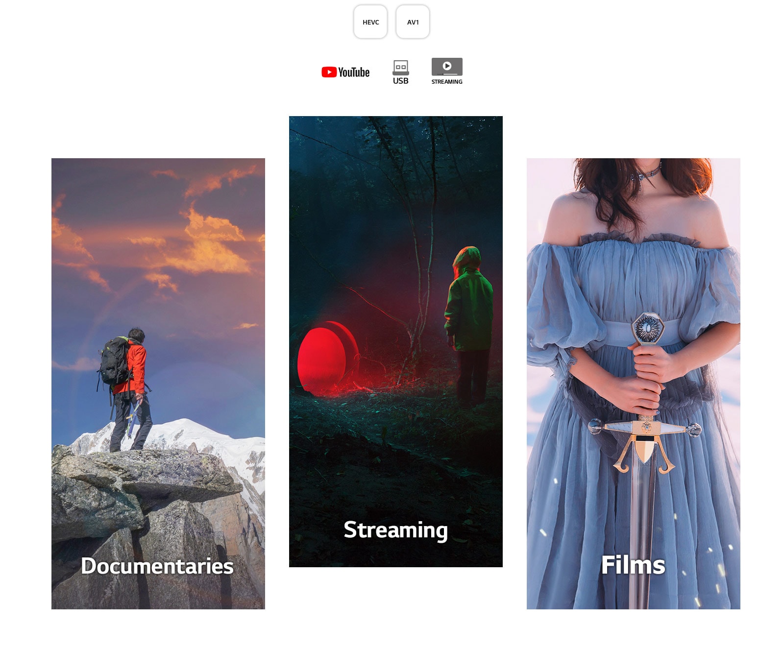 De gauche à droite, l’image d’un homme en tenue de randonnée se tenant sur une montagne ; une scène sombre d’un garçon se tenant près d’un tunnel émettant une lumière rouge ; et une femme en robe bleue tenant une épée sur un arrière-plan blanc.