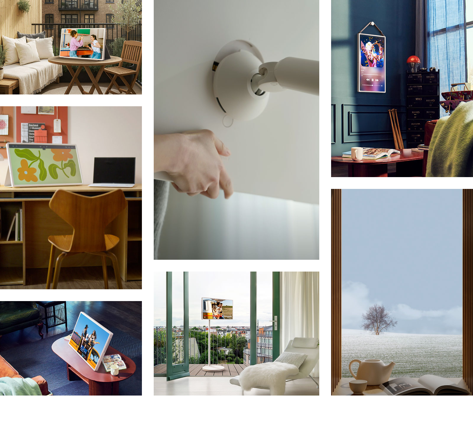 Different living spaces showing the different ways to use and enjoy the LG StanbyME 2 screen. Some spaces show it propped up like a tablet using the folio cover. Other spaces show it hung on the wall as a stylish addition to the interior design. Other spaces are showing how the screen can be easily mounted on the rollable, adjustable TV stand.